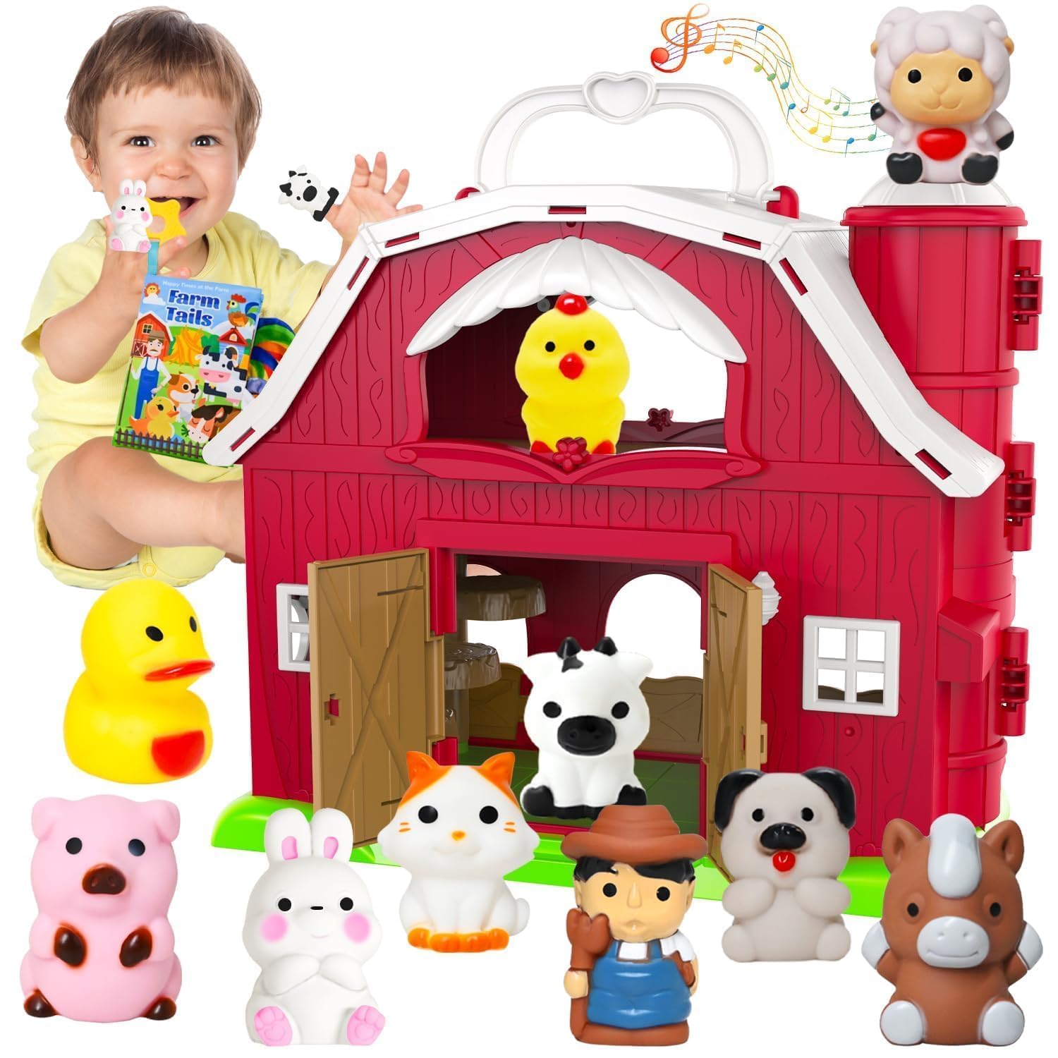Kimicare Musical Red Barn Toy Farm Animal Finger Puppets for 3 4 5 Years Old, Animal Figures Playset with Farm Baby Book, Sensory Learning Toys Birthday Gifts for Kids Boys Girls