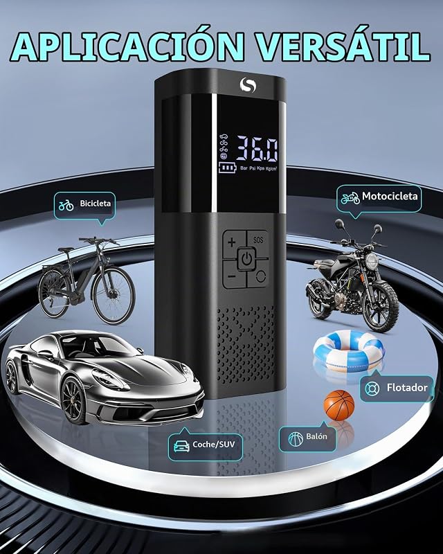 Compressor de ar portátil, insuflador de rodas de carro, compressor de ar mini com manómetro, insuflador elétrico de 150 PSI, acessórios para automóveis, com luz LED para bola de bicicleta de motocicleta — foto 3 de 7