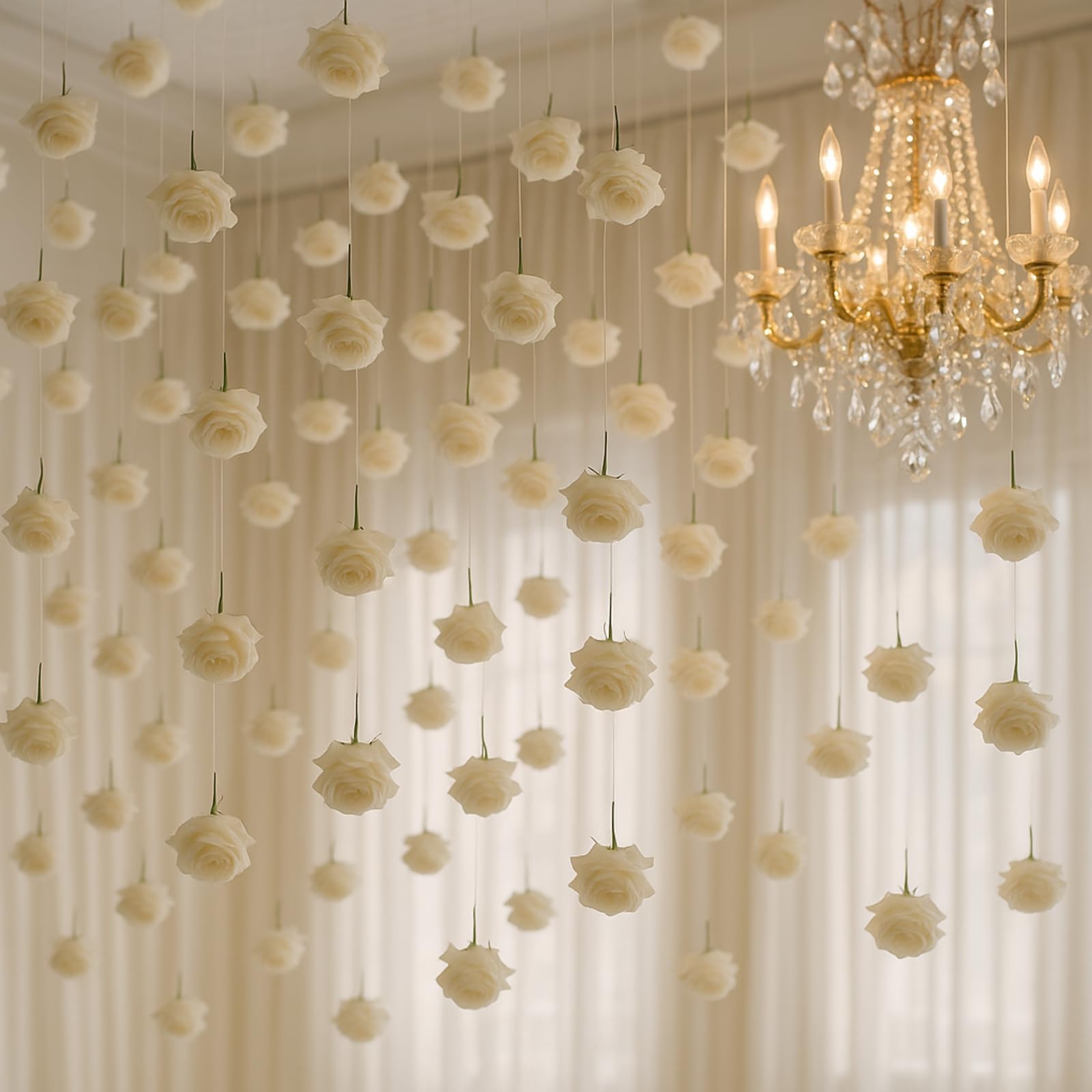 Photo 1 of Glitinsel 50 Set Artificial Rose Hanging Flower Decorations DIY Flaoating Flower Garland Hanging Flowers from Ceiling Dangling White Rose Strings for Wedding Baby Shower Birthday Floral Party Decor