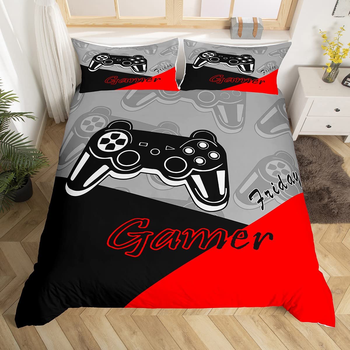 Loussiesd Gamer Bedding Set for Boys Teens Game Duvet Cover,Video Game Home Decor Player Gaming Comforter Cover Set Kids Toddler 2 Pieces 1 Duvet Cover with 1 Pillowcases Black Red Grey (Single)