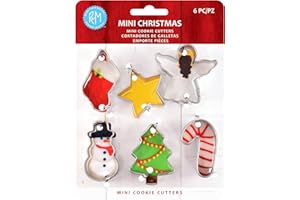 R&M International 1995 Mini Christmas Cookie Cutters, Snowman, Stocking, Star, Candy Cane, Tree, Angel, 6-Piece Set
