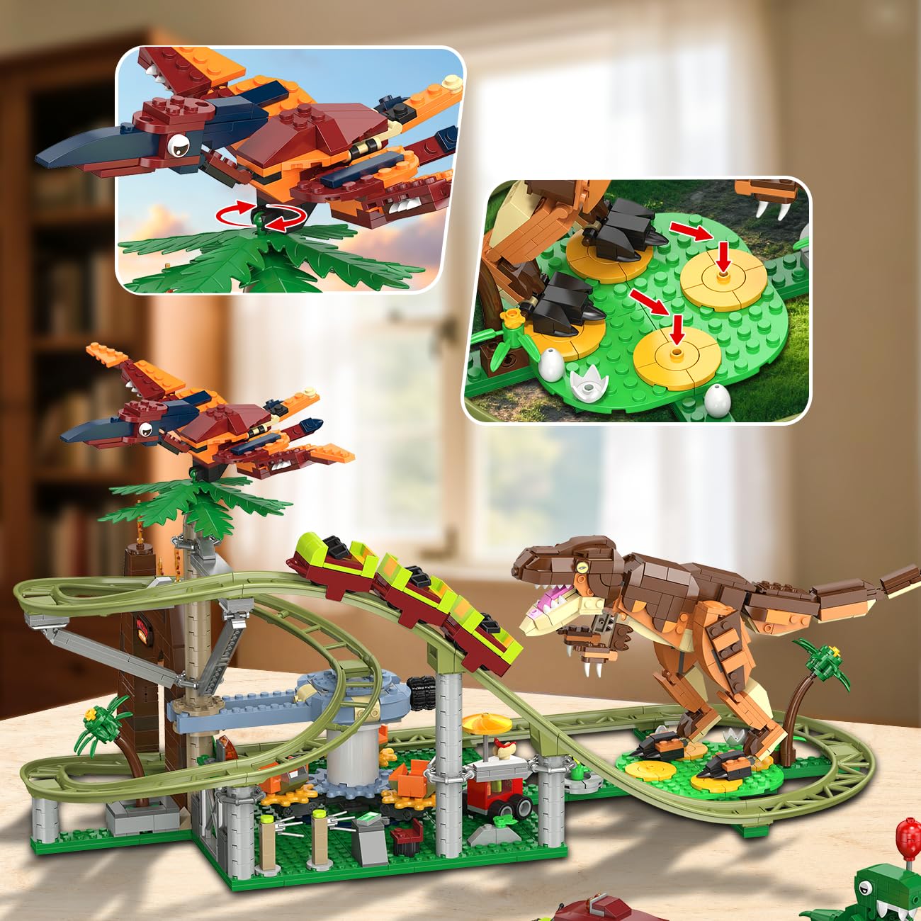 HOGOKIDS Dinosaurier Achterbahn Bausteine Spielzeug – 1222pcs Achterbahn Bauspielzeug mit 4 Dinosauriern, Geländewagen, Dinosauriermodellen, Geschenk für Erwachsene, Mädchen Jungen ab 8 Jahren 5