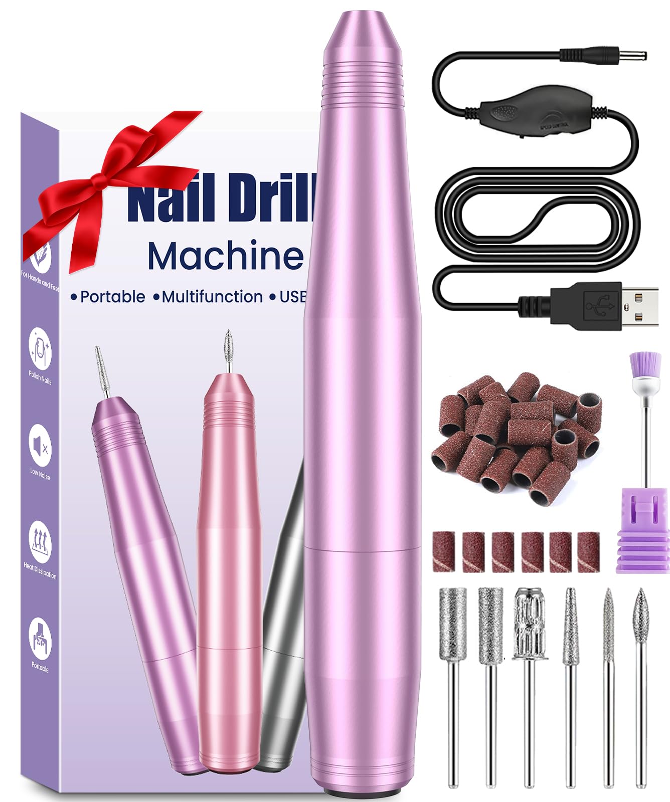 Electric Nail Files, Professional Nail Drill Machine, 20000RPM Adjustable Speed Manicure Pedicure Set with 6 Drill Bits, Low Vibration Low Noise Electric Nail Drill for Gel/Acrylic Nails for Beginner