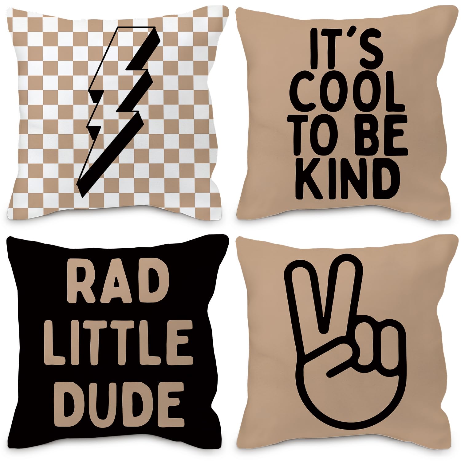Photo 1 of Nvotell Brown Boy Pillow Covers 18x18 - Retro Checkered Set of 4, Nursery Decorative Covers for Couch, Rad Little Dude Sign for Room Playroom