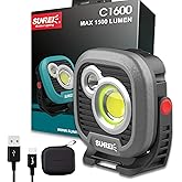 LED Rechargeable Magnetic Work Light SUNREI Mechanic Light Power Bank 180° Rotating,1500LM, 6 Modes,Magnetic&Hook, IPX5 Waterproof, Magnetic Flashlight for Camping, Car Repairing(Gary)