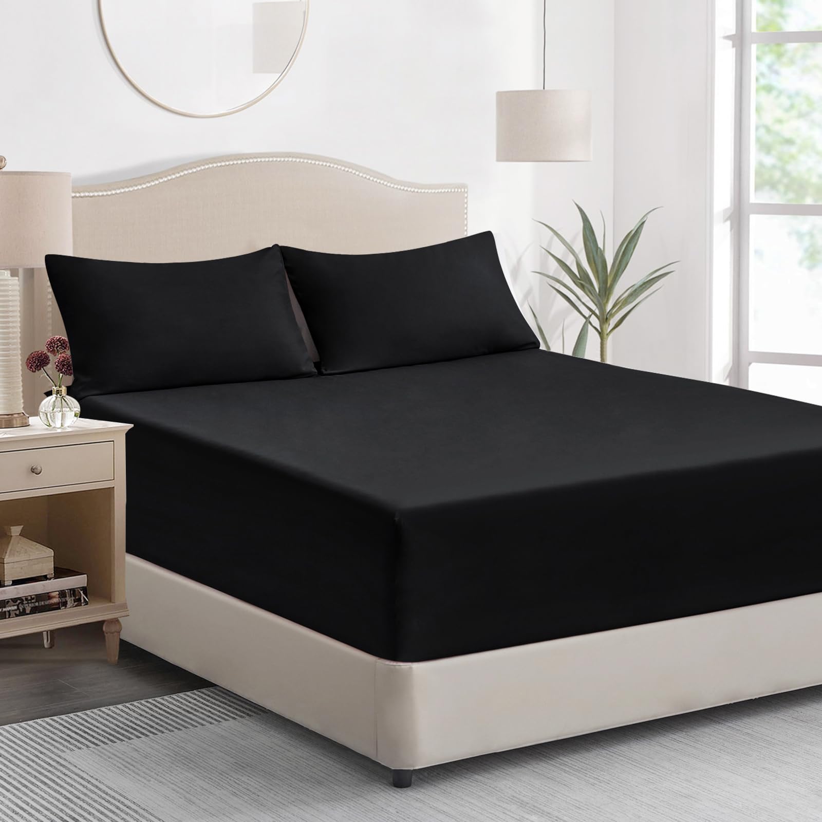 Tifschlaf Super King Fitted Sheet Deep Fit - Black Superking Size Bed Sheet Extra Deep Pocket 16 inch (40 cm), Soft Brushed Microfiber Mattress Bottom Bedding Sheet, 183x200cm