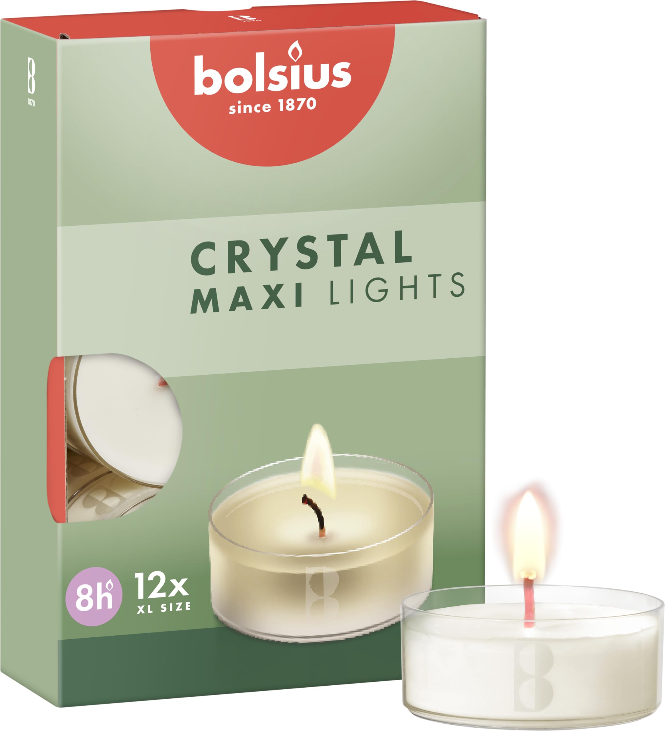 Bolsius Maxi XL Tealight Candles - Clear Cup - White - Box of 12 Transparent Tealights - Long Burning Time of 8 Hours - Interior Decoration - Unscented - Includes Natural Vegan Wax - No Palm Oil