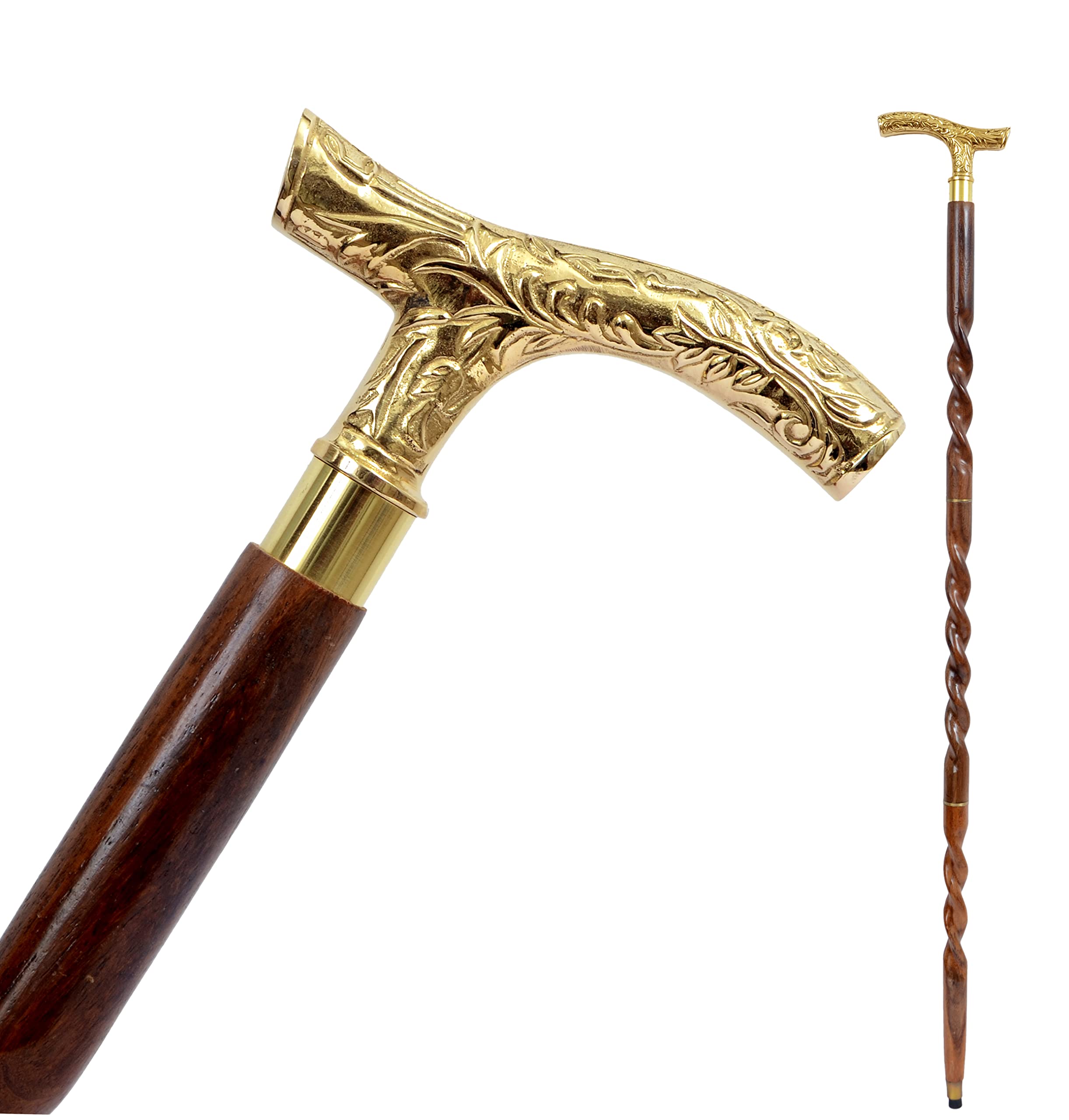Walking Stick - Men Derby Canes and Wooden Walking Stick for Men and Women - 37" Brown Ebony Brass T Shape Handle in Golden Tone Natural Wood Unisex Cane 01