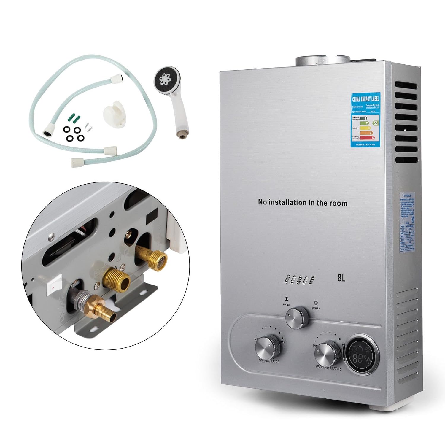 8L LPG Natural GAS Water Heater 2.1GPM, 8 Litres Per Minute, 16 Kw