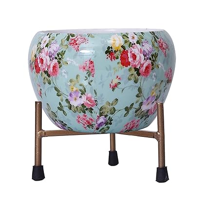 Easyroot Iron Living Garden Flower Planter Pot Stand with Pot Set of 1pcs (Round -Metal) Diameter 15*15*10.5 cm