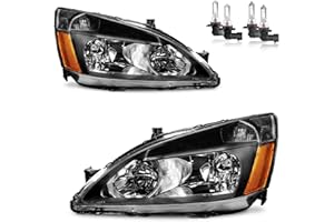 KarSpareHub Headlights Assembly W/Bulbs for 2003-2007 Honda Accord, OE Headlamp Coupe/Sedan, Black Housing Amber Reflector Left+Right Side 2/4-Door