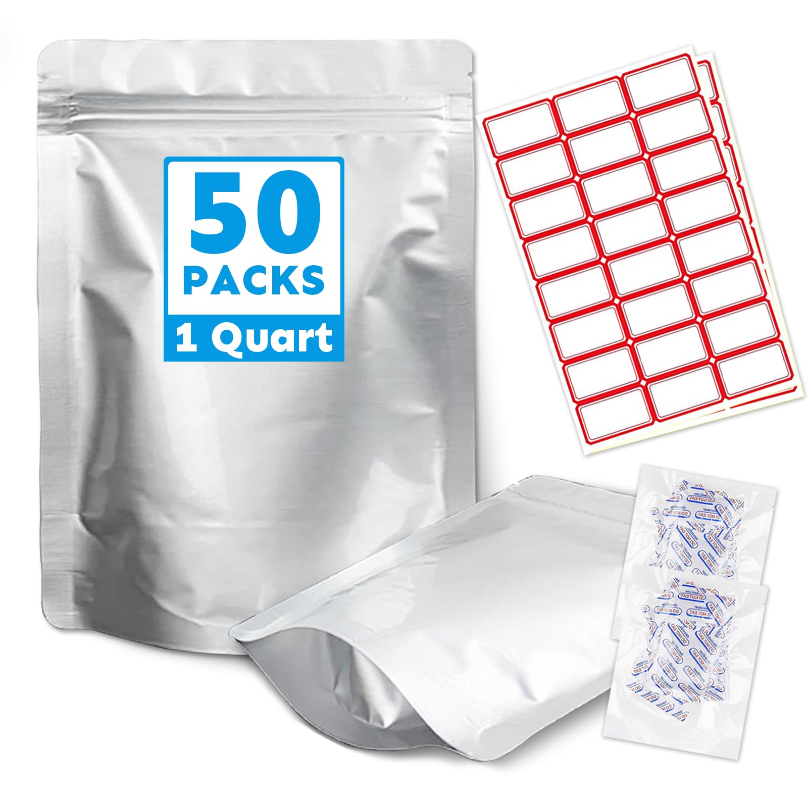 Photo 1 of Cloudslucky Mylar Bags 1Quart 50PCS 7"X10" for Food Storage with Oxygen Absorbers&Labels,10Mil Thick Resealable Zipper&Heat Seal Stand Up Pouches for Packaging Long Term,Dried Food,BPA Free