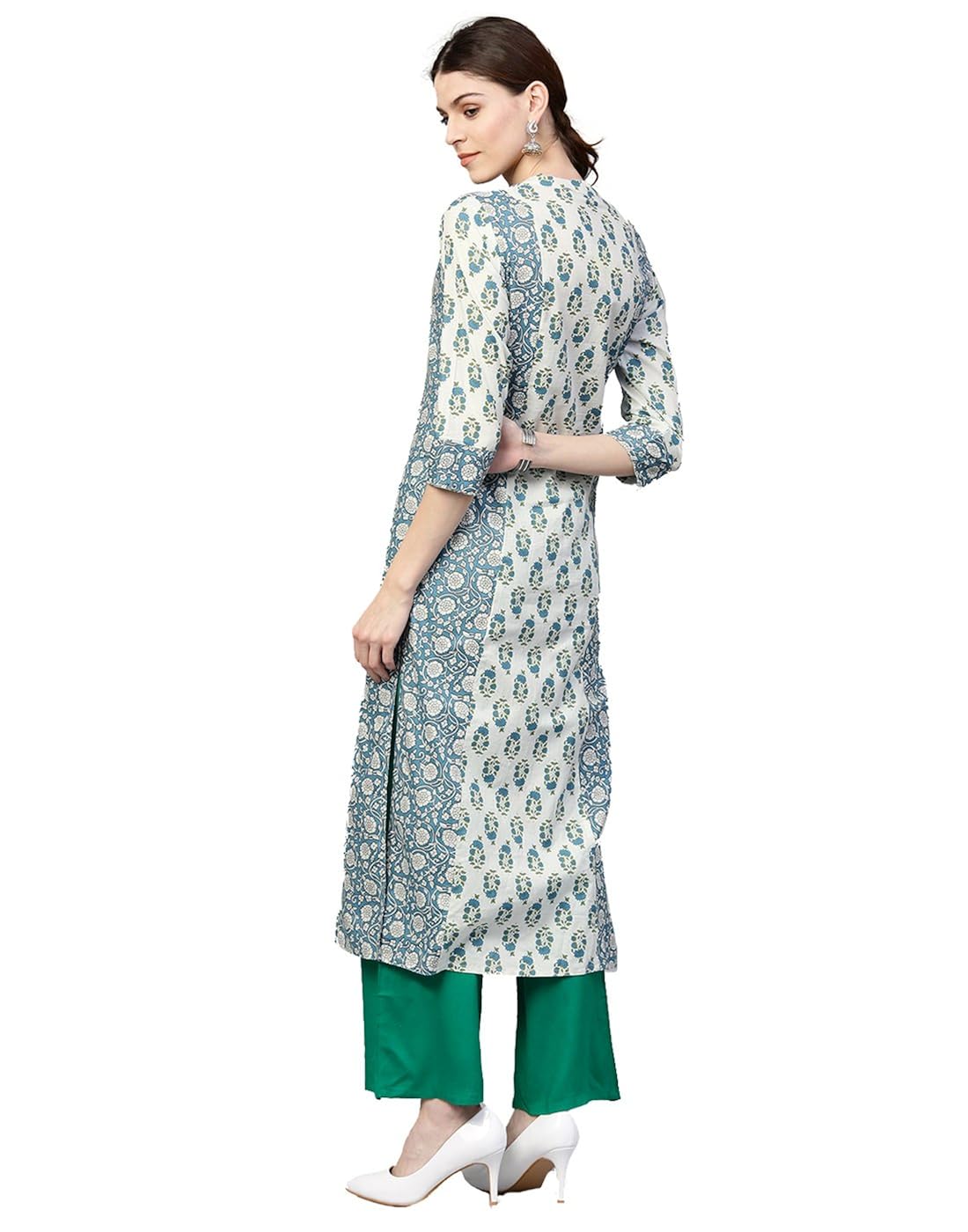 jaipur kurti women blue & green ethnic motifs straight cotton kurta with palazzo