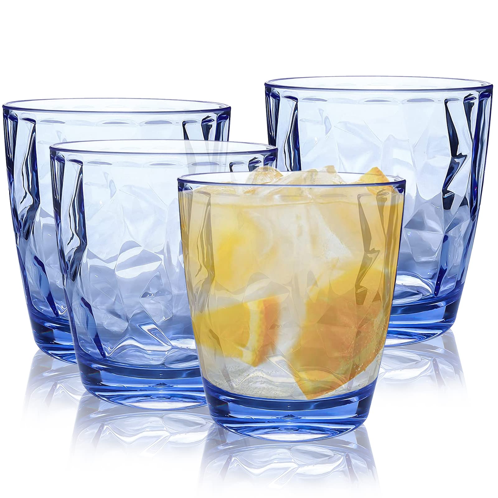 Reusable Plastic Tumblers - Set of 4 Plastic Cups for Kids and Adults - 300ml Crystal-Clear Drinking Tumblers for Water, Juice - Unbreakable and Durable Plastic Glasses, BPA Free (Blue)