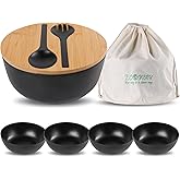 ECOWAY Bamboo Fiber Salad Bowl Set,Large Mixing Bowl with Natural Bamboo Lid and Utensils,4 Serving Bowls,Spoon,Fork and Fabric Bag for Salad,Soup,Vegetables,Pasta and Fruits(Black,9.8inches)