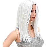 SWACC 14-Inch Short Straight Middle Part Hair Wig Medium Length Synthetic Heat Resistant Wigs for Women with Wig Cap (White)