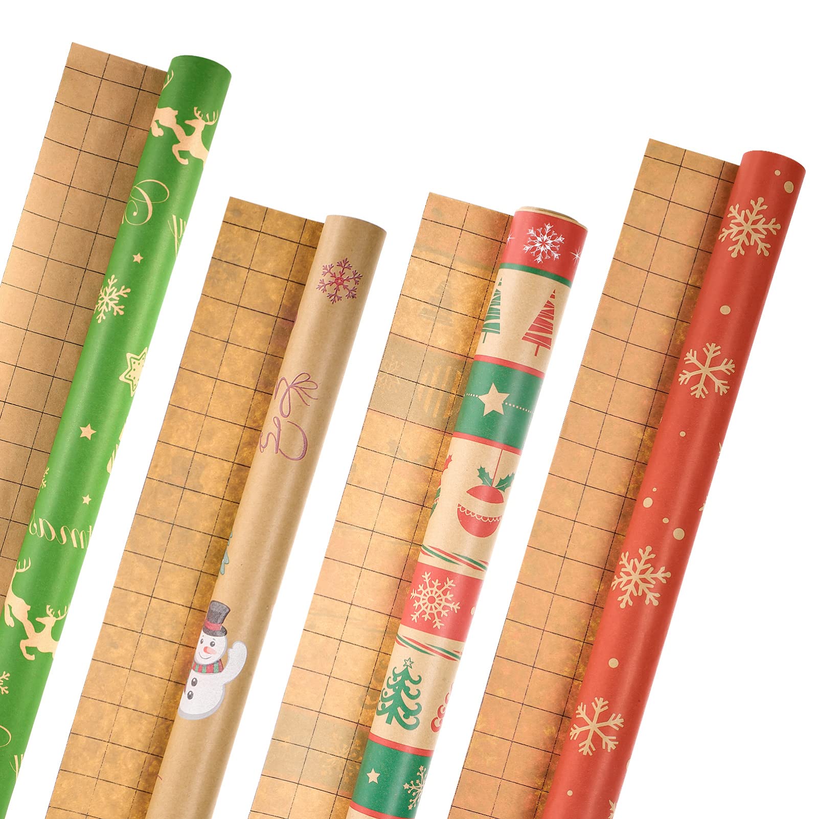 EXCEART 4Pcs Christmas Wrapping Paper, Kraft Bundle with on Reverse, Holiday Packing Paper with Christmas for Party Boutique Craft Birthday DIY