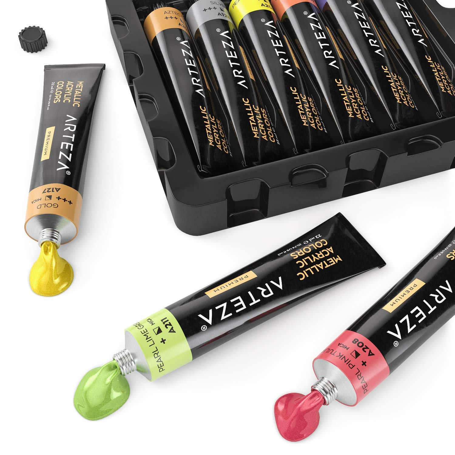 ARTEZA Metallic Acrylic Paint, Set of 12 Colors/Tubes (22 ml, 0.74 oz