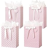 Crisky Pink Gift Bags Medium Size with Handles, Tissue Paper & Ribbon - 4 Pack 9"- Medium Gift Bags for Women Birthday Christmas Wedding Bridal Shower Graduation & New Year Gifts