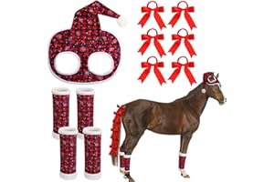 Geyoga 11 Pcs Christmas Horse Accessory Includes Santa Horse Hat with Fleece Trim 4 Pcs Horse Leg Wraps with 6 Pcs Ribbon Bow Horse Hair Ties for Horse Decoration for Holiday Christmas Horse Costume