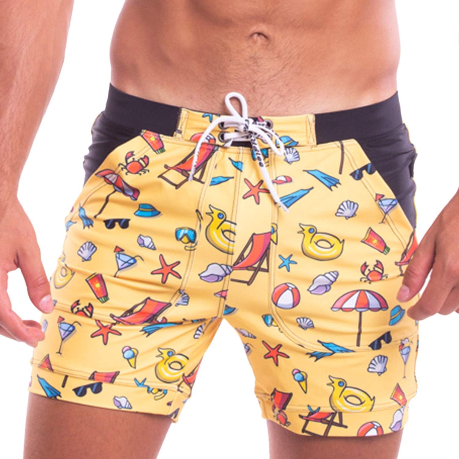 Men Swimwear Swimsuits Flower Print Surf Board Boxer Shorts Trunks Long