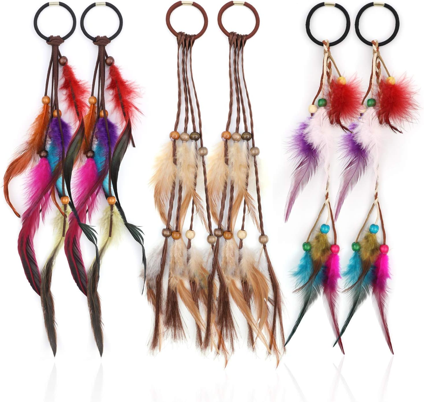 MWOOT 6 Pcs Feather Hair Ties, Handmade Boho Hippie Hair 