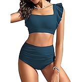 Kate Kasin Womens High Waisted Bikini Sets Ruffle Tummy Control Swimsuits Full Coverage Cheeky Two Piece Bathing Suit