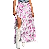 Pinclodly Floral Skirts for Women 2025 Casual High Waisted Wrap Beach Boho Skirt Summer Flowy Ruffle Maxi Skirt with Slit