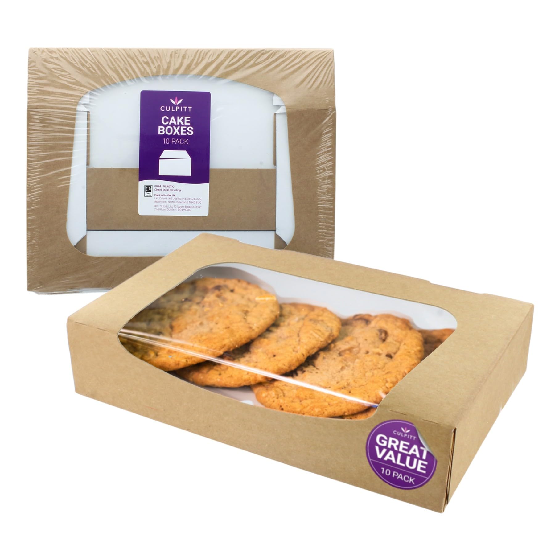Culpitt Window Treat Box, Kraft Bown Large Bakery Boxes For Cookies, Pastries, Cakes, Muffins, Pizza, Sandwiches, Takeaways | 7.7" x 4.6" x 1.5" | Pack of 10 Gift Boxes