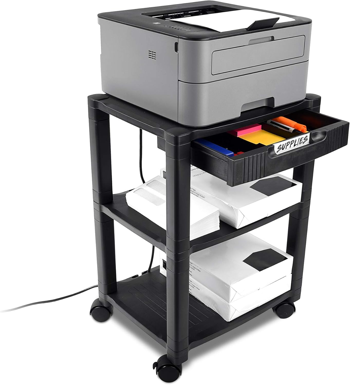 Circuit City PS3T 3 Shelf Wheeled Rolling Printer Cart Machine Stand with Built-in Storage and Cable Management - Holds Up to 75 Pounds (Black) : Office Products