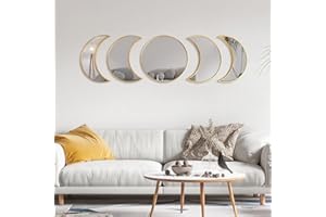 VSAR House Moon Phase Mirror Set, 5 PCS 100% Real Glass Moon Decor-Chic and Celestial Boho Room Decor for Bedroom Aesthetic, Home or Apartment-Urban Room Decor (Golden)