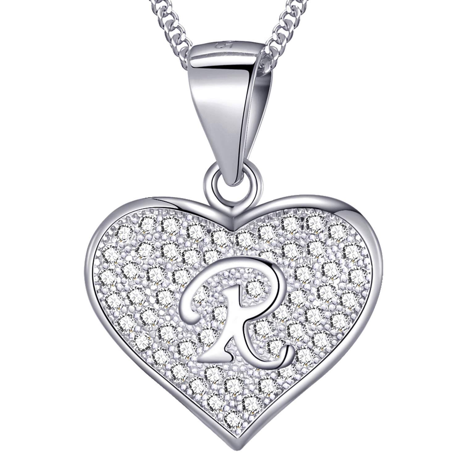 MASADA 925 Sterling Silver Heart Letter Necklace - Initial Pendant with Zircon Stones - Letter R - Personalised Alphabet, Teens & Girls - 46 cm - 18 inch Chain in Velvet Bag