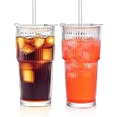 ALINK 2 Pack 20 oz Ribbed Glass Tumblers with Lids and Straws Glassware Cups Set, Thickened Glass, Ideal for Iced Coffee, Smo