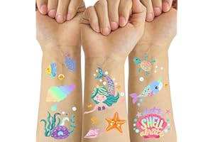 METUU Temporary Tattoos Mermaid for Kids, 80+ Metallic Foil Style Bronzing Fake Tattoos, 4 Sheets Glitter Tattoos, Birthday Party Supplies, Easter Present, Ocean Animal Stickers for Boy and Girls