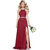 Women's Tulle Bridesmaid Dresses Halter Wedding Party Gowns Sleeveless Prom Evening Dresses with Slit