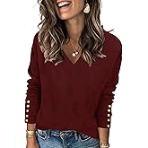 AKEWEI Womens V Neck Sweaters Long Sleeve Lightweight Knit Pullover Tops with Decorative Buttons