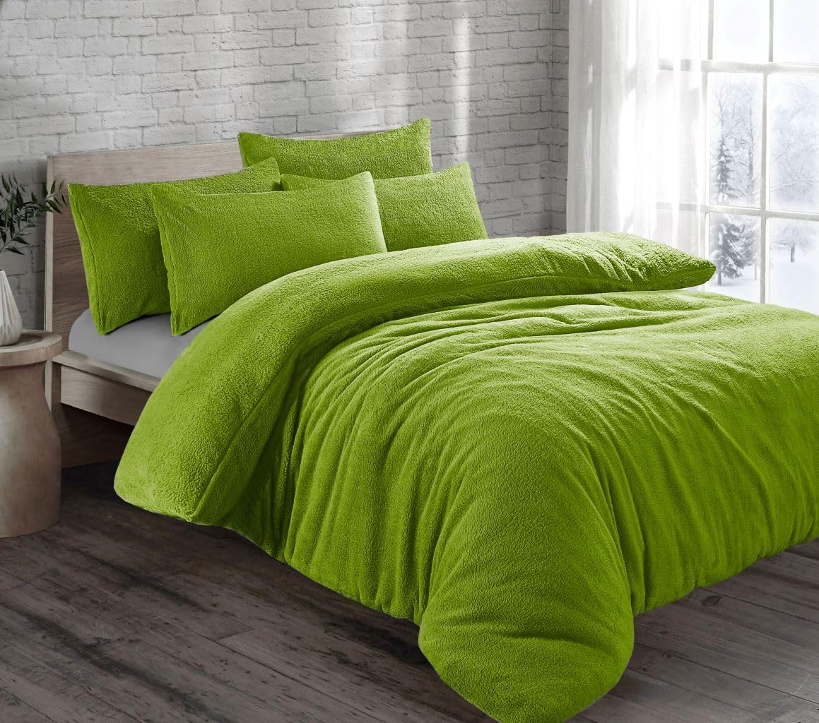 Teddy Fleece Duvet Cover with Pillow Case Plain Thermal Fluffy Warm Cosy Super Soft Bedding Set (Lime, Double)