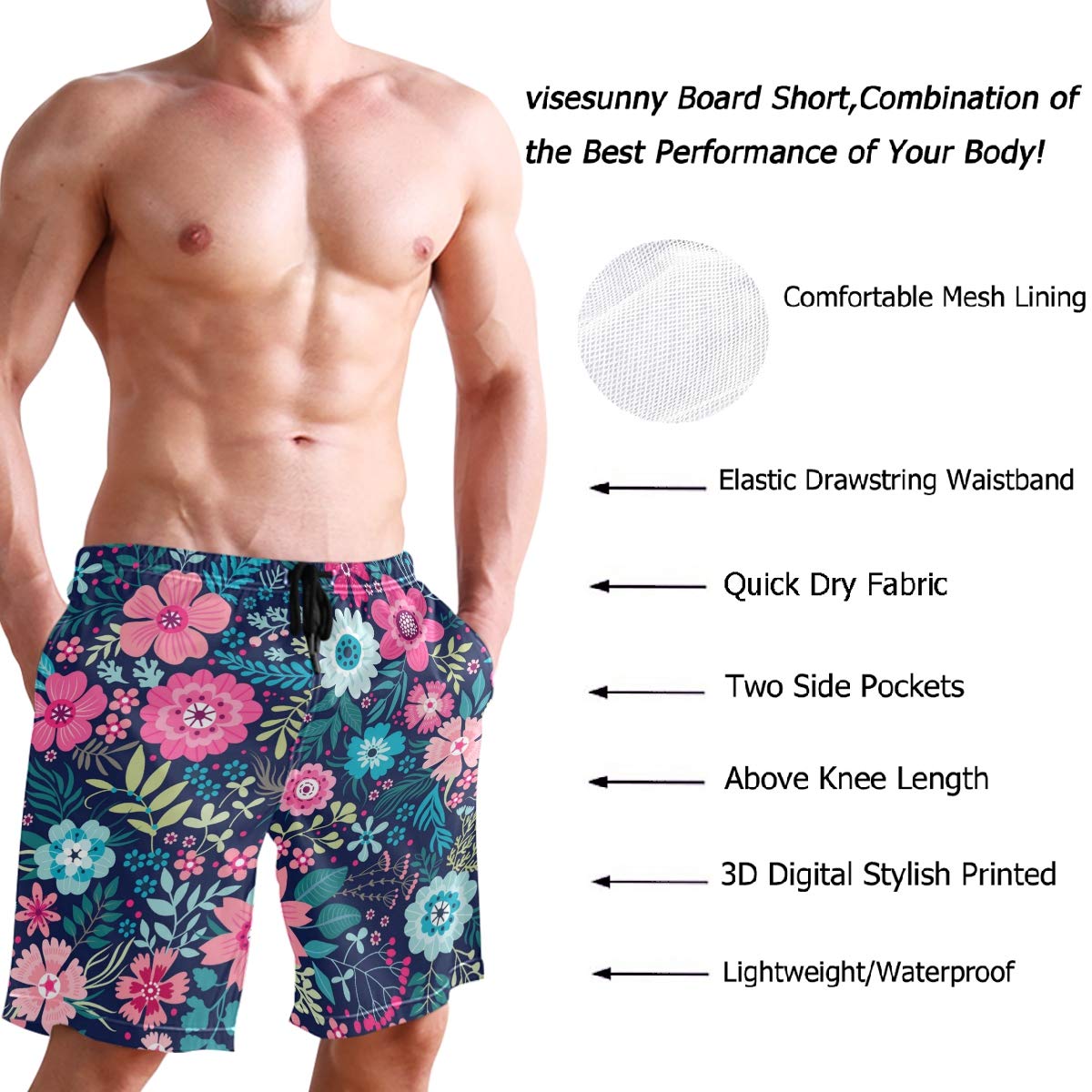 visesunny Men's Colorful Flower Print Beach Shorts