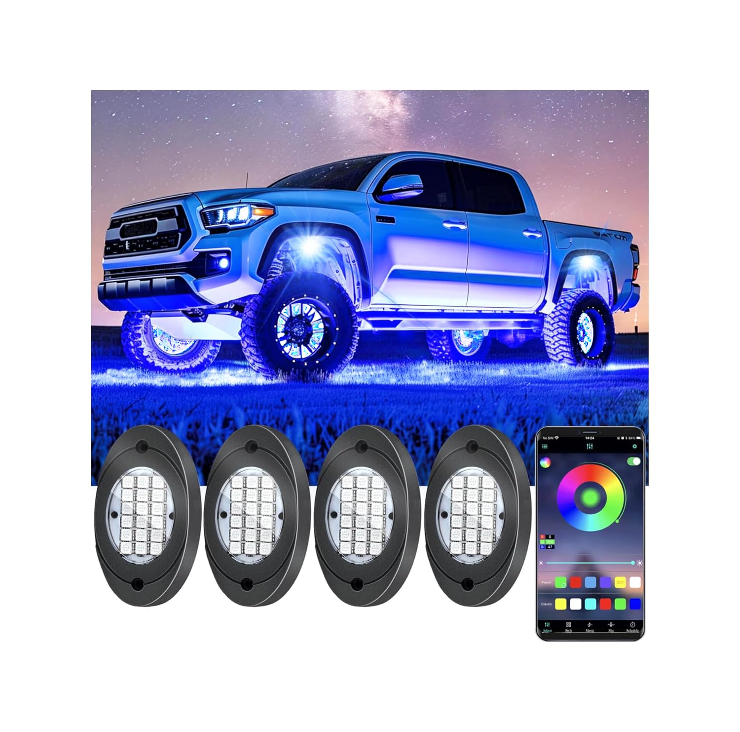 Photo 1 of 4 Pods RGB LED Rock Lights, Underglow Multicolor Neon Light Kit, Wheel Well Light with APP Control & Music Mode, Under Glow Lights for Trucks,Jeep,SUV,Golf Cart,ATV,Pickup Off Road,12V