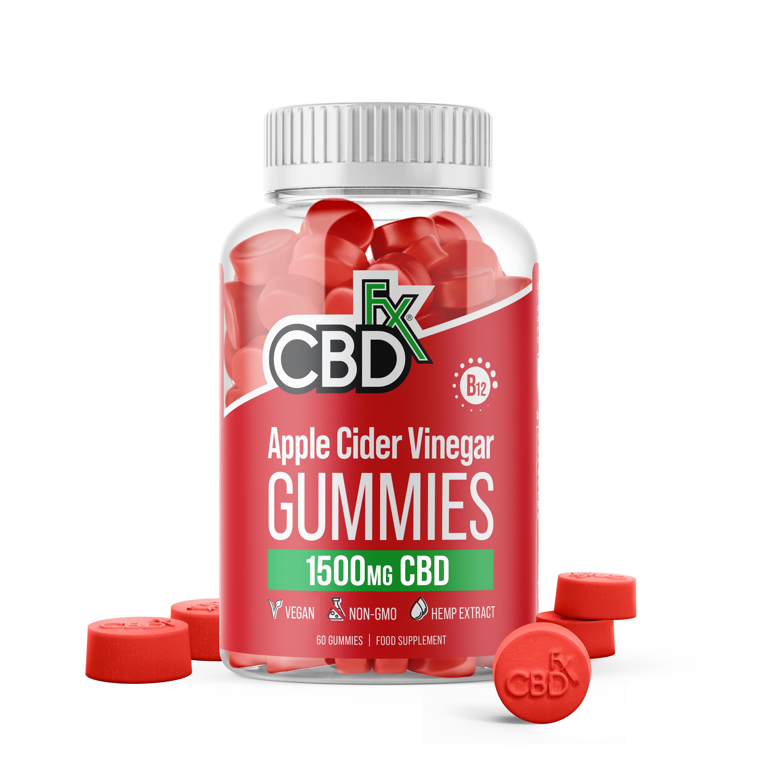 CBDfx 1500mg CBD High Strength Apple Cider Vinegar Vegan Gummies, 1000mg ACV / 25mg CBD per Gummy + Vitamin B12, 60x Bottle (30 Days)