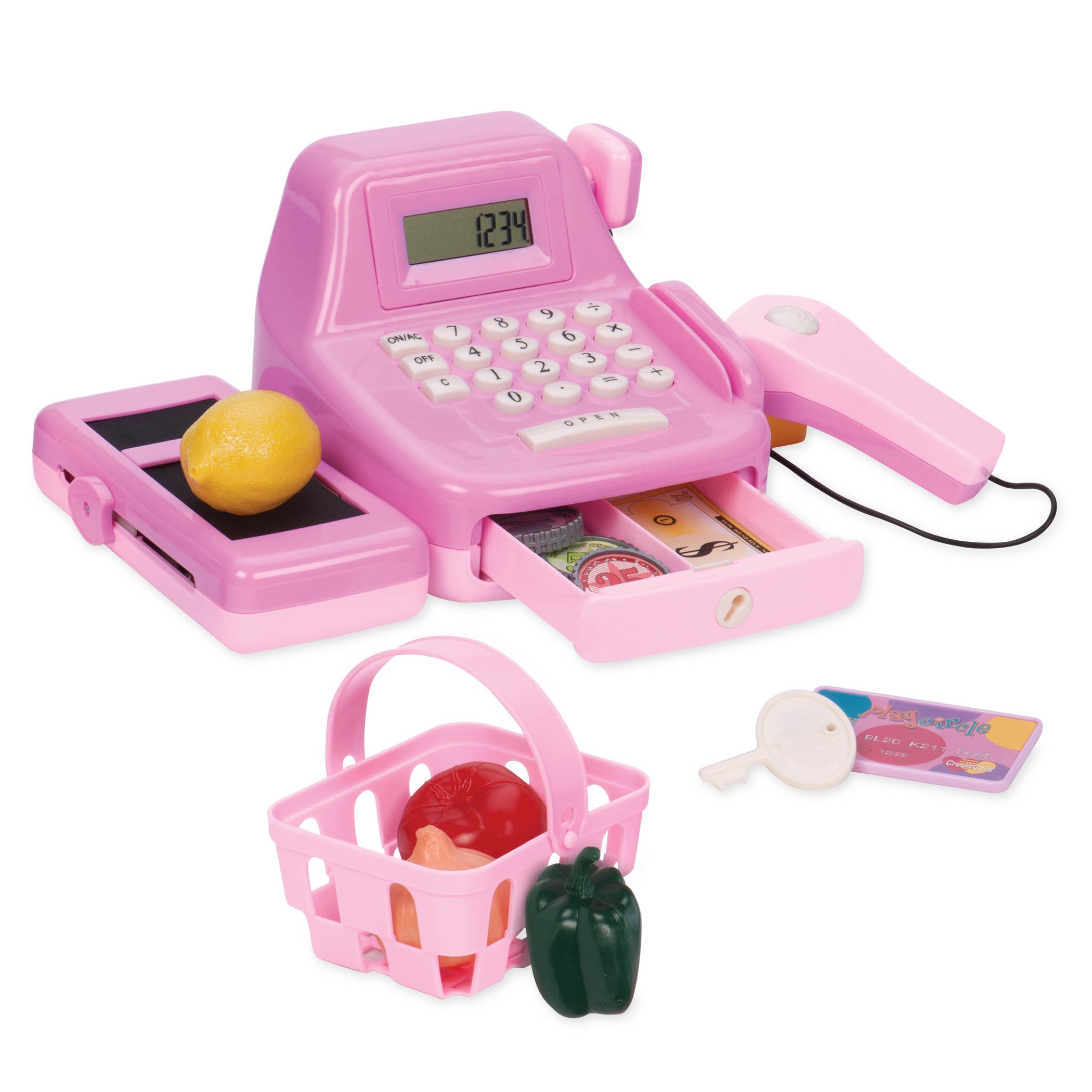 Play Circle by Battat – Pink Cha-Ching Cash Register Set with Sounds – Calculator, Scanner, Play Money, and Plastic Coins – Learn & Play Shopping Toys for Kids Ages 3 and Up (26 Pieces), Multicolor