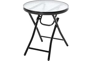 Outsunny Φ18 Round Patio Table, Folding Coffee Table with Tempered Glass Tabletop, Portable Bistro Table for Patio, Balcony, 