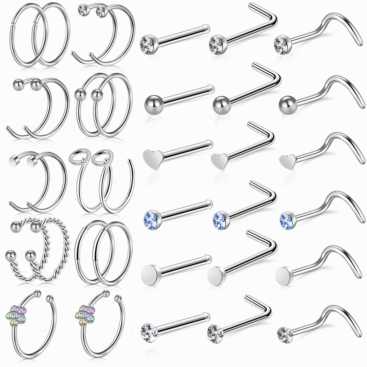 Defrsk 36Pcs Nose Rings 20G Nose Piercing Jewellery Gift for Women Girls