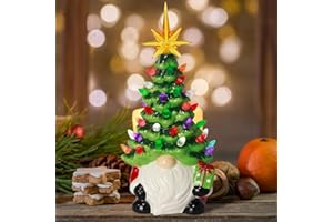 BHLUUIYER Gnomes Christmas Decorations - 12" Lighted Up Gnomes Ceramic Christmas Tree with 46 Multicolored Lights - Mini Pre-lit Hand-Painted Xmas Tree Decor for Home Indoor