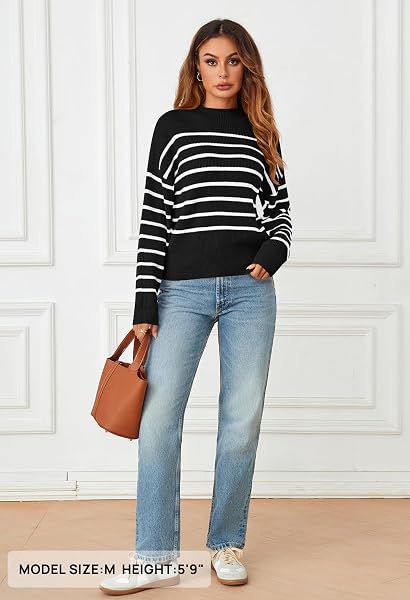 MEROKEETY WOMEN’S FALL LONG SLEEVE STRIPED PULLOVER SWEATERS 2024 TRENDY TURTLENECK CASUAL KNIT TOPS, BLACK, MEDIUM