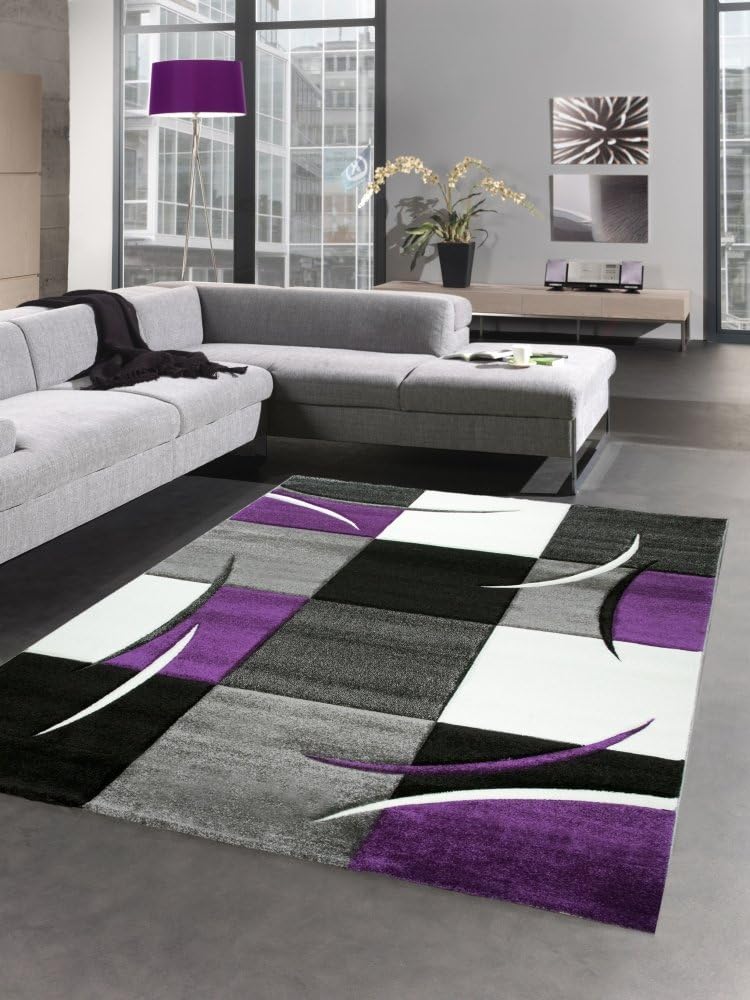 CARPETIA Designer rug living room carpet karo purple grey cream black size 60x110 cm