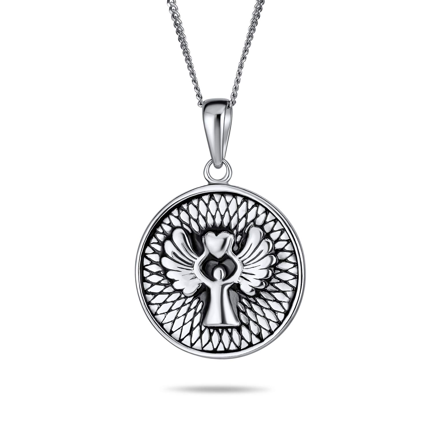 Bling Jewelry Round Medallion Disc Religious Reversible Two Sided Protection Engraved Prayer Guardian Angel Medal Pendant Necklace For Women .925 Sterling Silver