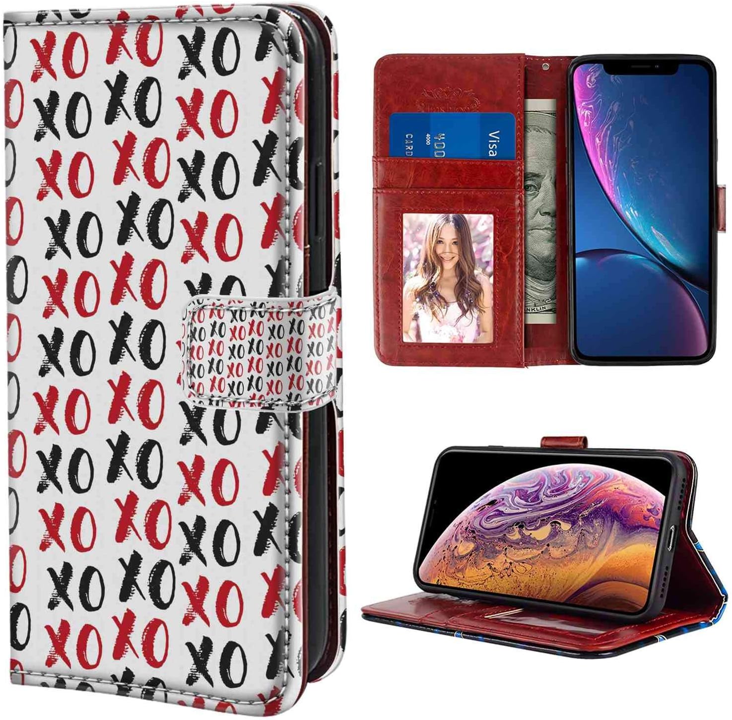 iPhone Xs Max Wallet Case, Abstract Grungy Calligraphic Hugs and Kisses XOXO Lettering Sign Conceptual Pattern Ruby Black White PU Leather Folio Case with Card Holder and ID Coin Slot