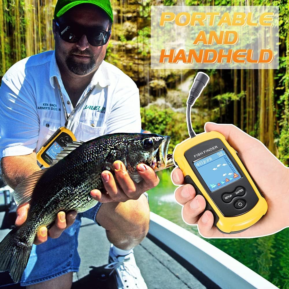 Atibin Handheld Kayak Fish Depth Finder Portable Transducer Fish Finder Sonar Boat Dock Fish Finders Display Water Fishing Yellow: GPS & Navigation