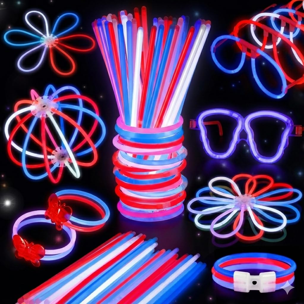 BUDI 467Pcs 4th of July Accessories Glow Sticks: Red White Blue Glow in the Dark Patriotic Party Favors Necklace Bracelets Glasses for Kids Adults 210 GlowSticks 8“ with 257 Connectors Light Up Toys
